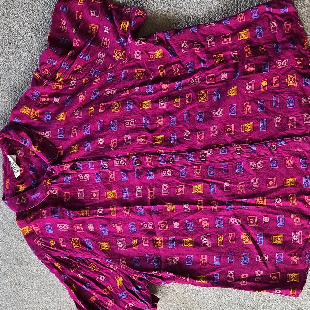 Modcloth Magenta Button-Down Shirt with Camera Print